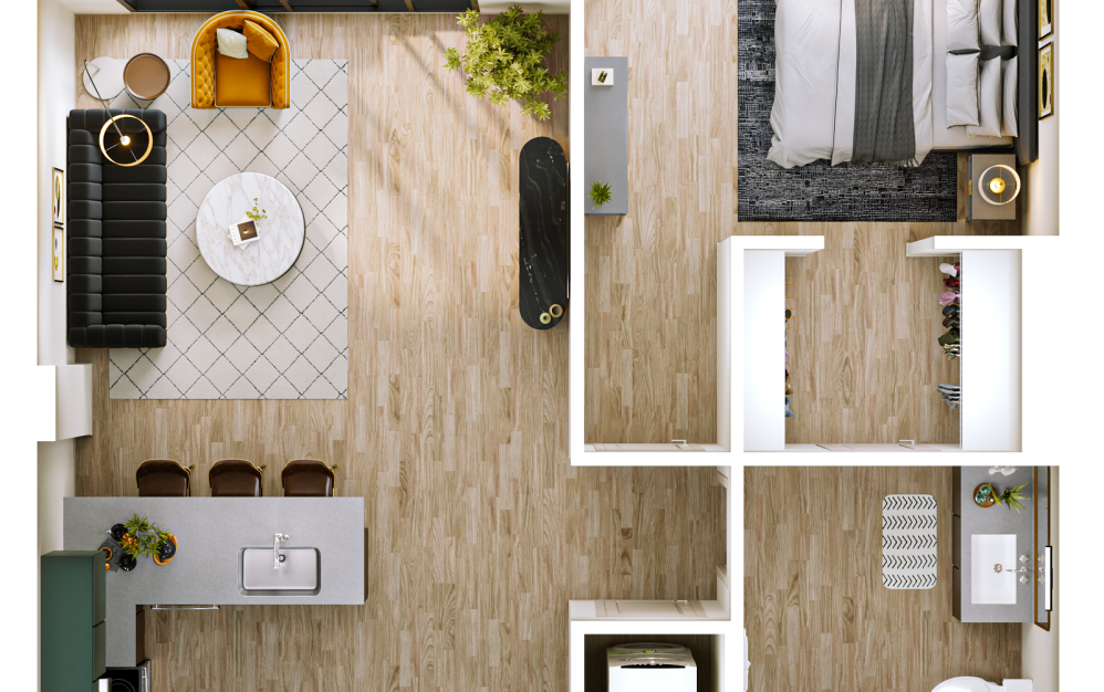 A4 - 1 bedroom floorplan layout with 1 bathroom and 796 - 848 square feet
