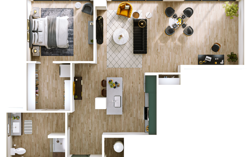 A8 - 1 bedroom floorplan layout with 1 bathroom and 1003 - 1036 square feet