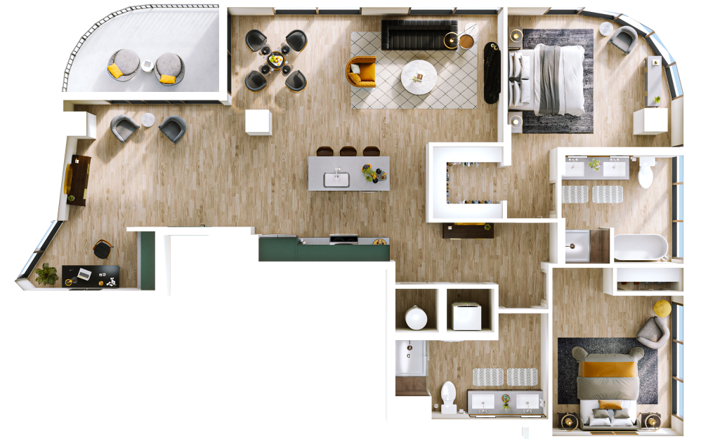 B17 - 2 bedroom floorplan layout with 2 bathrooms and 1532 square feet