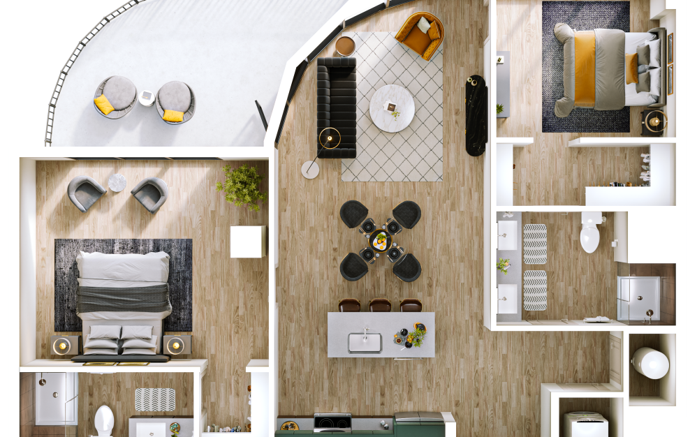 B2 - 2 bedroom floorplan layout with 2 bathrooms and 1138 square feet