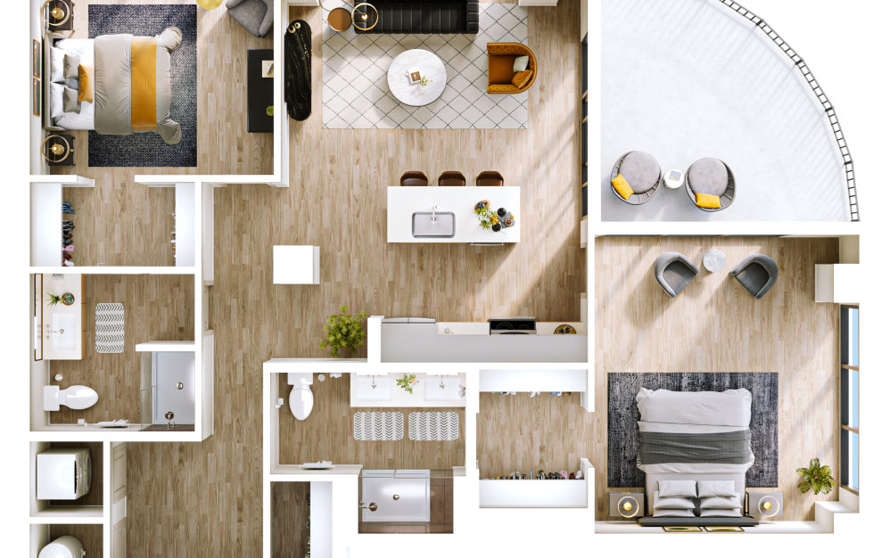 B3 - 2 bedroom floorplan layout with 2 bathrooms and 1214 - 1270 square feet