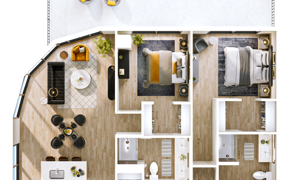 B5 - 2 bedroom floorplan layout with 2 bathrooms and 1219 square feet