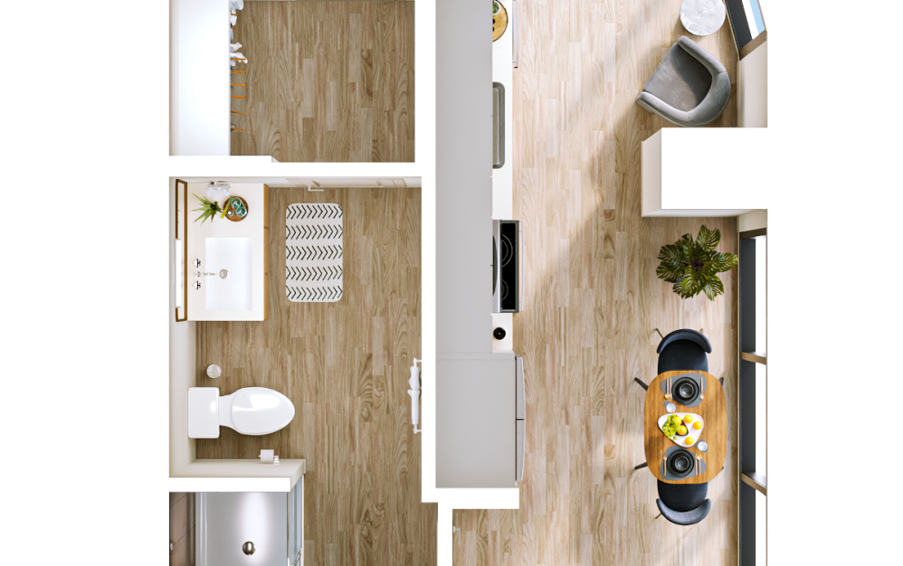 S5 - Studio floorplan layout with 1 bathroom and 593 square feet