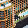 aerial view of a building with a rooftop pool