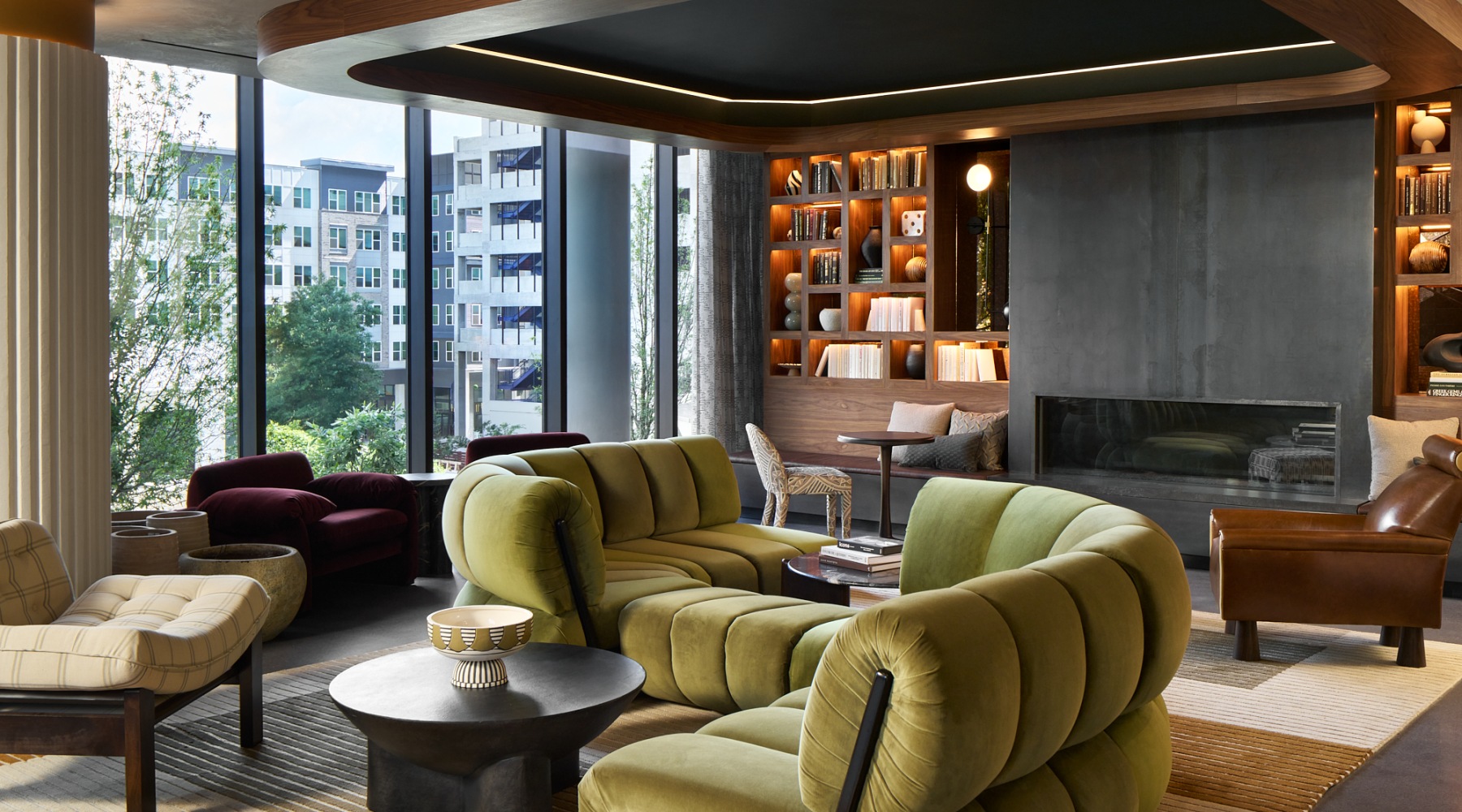 moody lobby of new high rise in West Midtown 