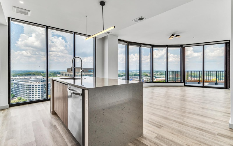 Waterfall Countertop in West Midtown at Stella with floor to ceiling windows