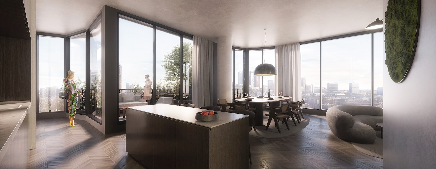 kitchen area with an island and wrap-around windows