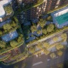 aerial view of a building with a rooftop pool